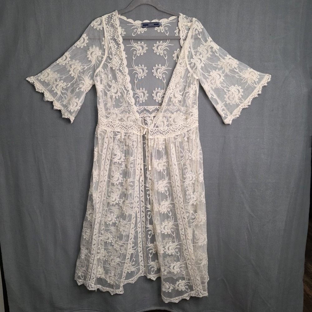 Kimono Duster Women L/XL Ivory Lace Fairy Cottagecore Boho Maternity Photos Tie